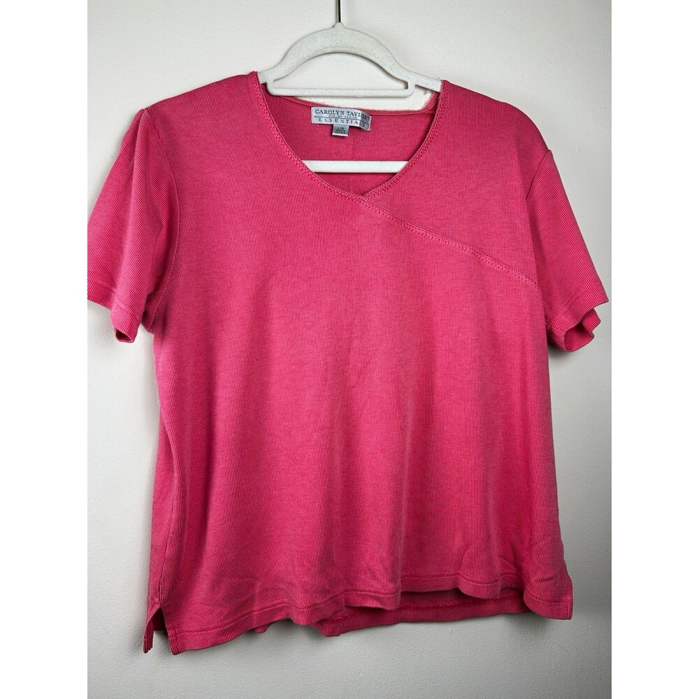 VTG 90s Carolyn Taylor Essentials Solid Ribbed Pink Knit V-Neck Tee Retro Y2K